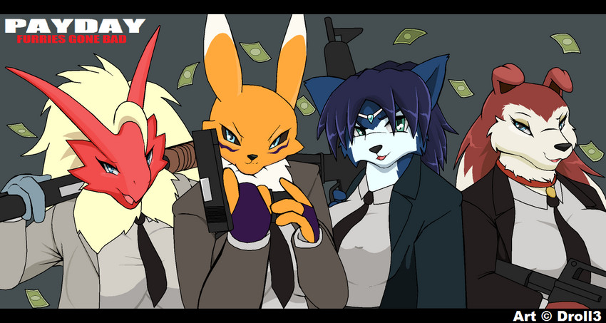 anthro armed bank_robbery banknote black_bars business_suit clothing female group gun holding_object holding_weapon money ranged_weapon reloading robbers shotgun submachine_gun suit weapon droll3 bandai_namco digimon nintendo payday payday_(series) payday_2 pokemon road_rovers star_fox colleen_(road_rovers) krystal_(star_fox) avian bird blaziken canid canine canis digimon_(species) domestic_dog fox generation_3_pokemon mammal pokemon_(species) renamon crossover letterbox