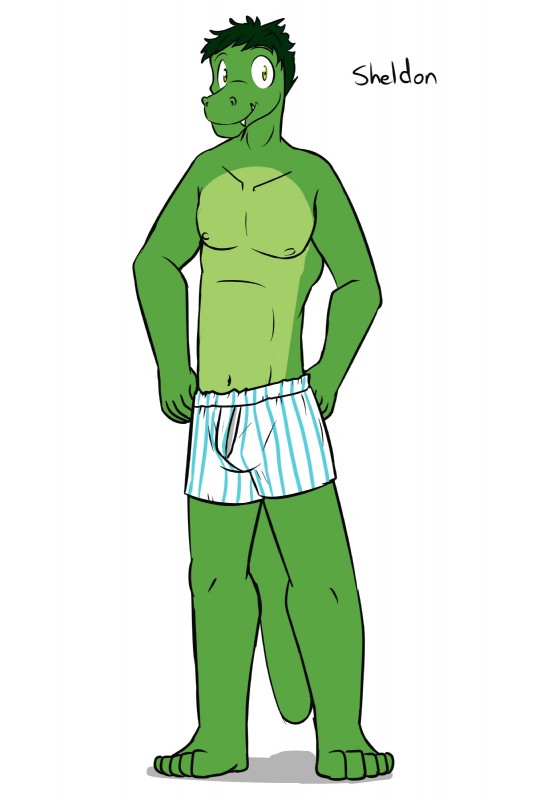 anthro boxers_(clothing) clothed clothing male nipples pattern_clothing pattern_underwear simple_background solo striped_clothing striped_underwear stripes topless underwear white_background fuze texnatsu sheldon_abel alligator alligatorid crocodilian reptile scalie 2:3 absurd_res character_name hi_res