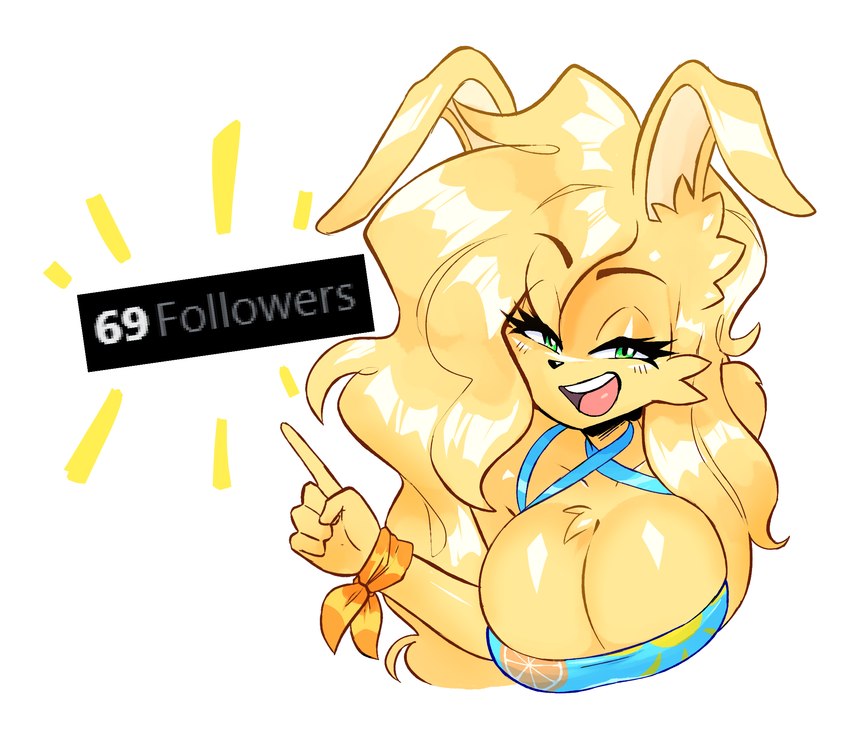 69_(number) anthro big_breasts blonde_hair breasts chest_tuft cleavage clothed clothing eyebrows eyelashes female fur glistening glistening_breasts green_eyes hair looking_at_viewer open_mouth solo tuft yellow_body yellow_fur jamoart katie_shrine lagomorph leporid mammal rabbit 2024 hi_res