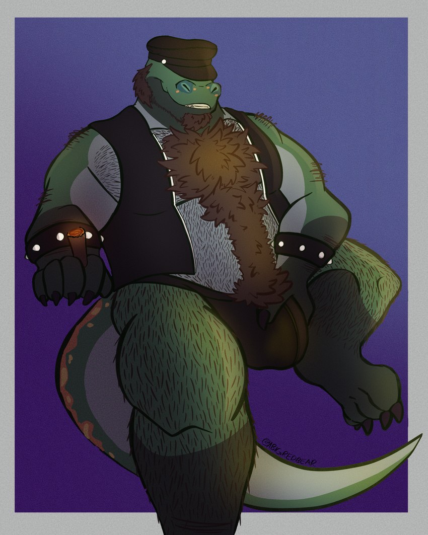 anthro body_hair bulge chest_hair cigar clothing detailed_bulge hairy leather leather_clothing leather_daddy leather_topwear male pubes solo thong topwear underwear abigredbear cyrus alligator alligatorid crocodilian komodo_dragon lizard monitor_lizard reptile scalie 4:5 absurd_res hi_res