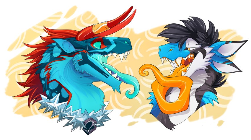 ambiguous_form ambiguous_gender duo fluffy fur horn long_tongue open_mouth sharp_teeth teeth tongue cartoonsnacks mythology elusion_(elusionair) haloren dragon felkin furred_dragon furred_scalie mythological_creature mythological_scalie scalie absurd_res bust_portrait hi_res portrait