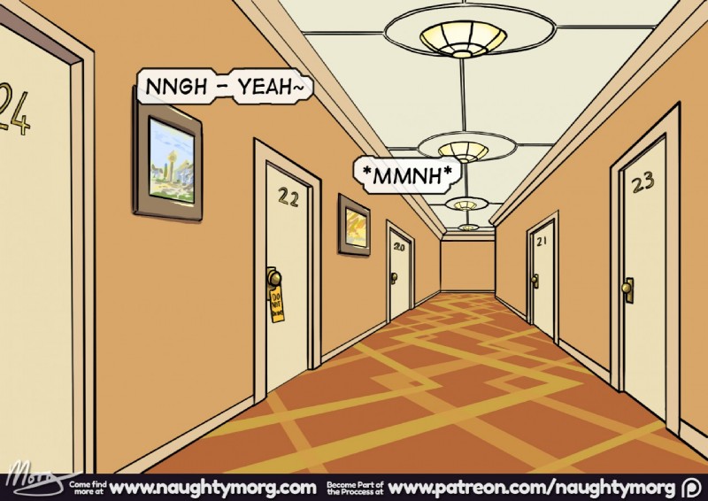 acoustic_transmission carpet corner corridor dialogue do_not_disturb door doorframe doorknob hallway hanging_sign hotel light logo number onomatopoeia overhead_lighting painting patreon_logo picture_frame room_number sign sound_effects text wall_(structure) zero_pictured naughtymorg patreon comic english_text signature url