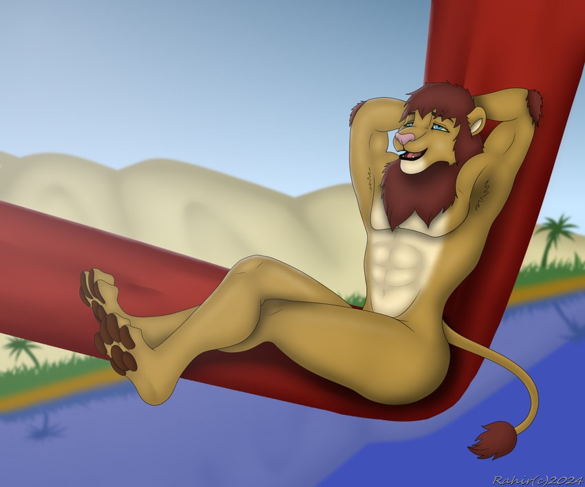 4_toes abs anthro athletic athletic_anthro athletic_male black_lips blue_eyes blurred_background brown_body brown_fur brown_pawpads day digitigrade feet feline_tail fur hammock hands_behind_head hill lips male mane nude open_mouth outside palm_tree pawpads paws pecs pink_nose plant relaxing smile solo tail tail_tuft tan_body tan_fur teeth toes tongue tree tropical tuft water yellow_sclera rahir felid lion mammal pantherine werecreature werefelid werelion werepantherine hi_res shaded soft_shading