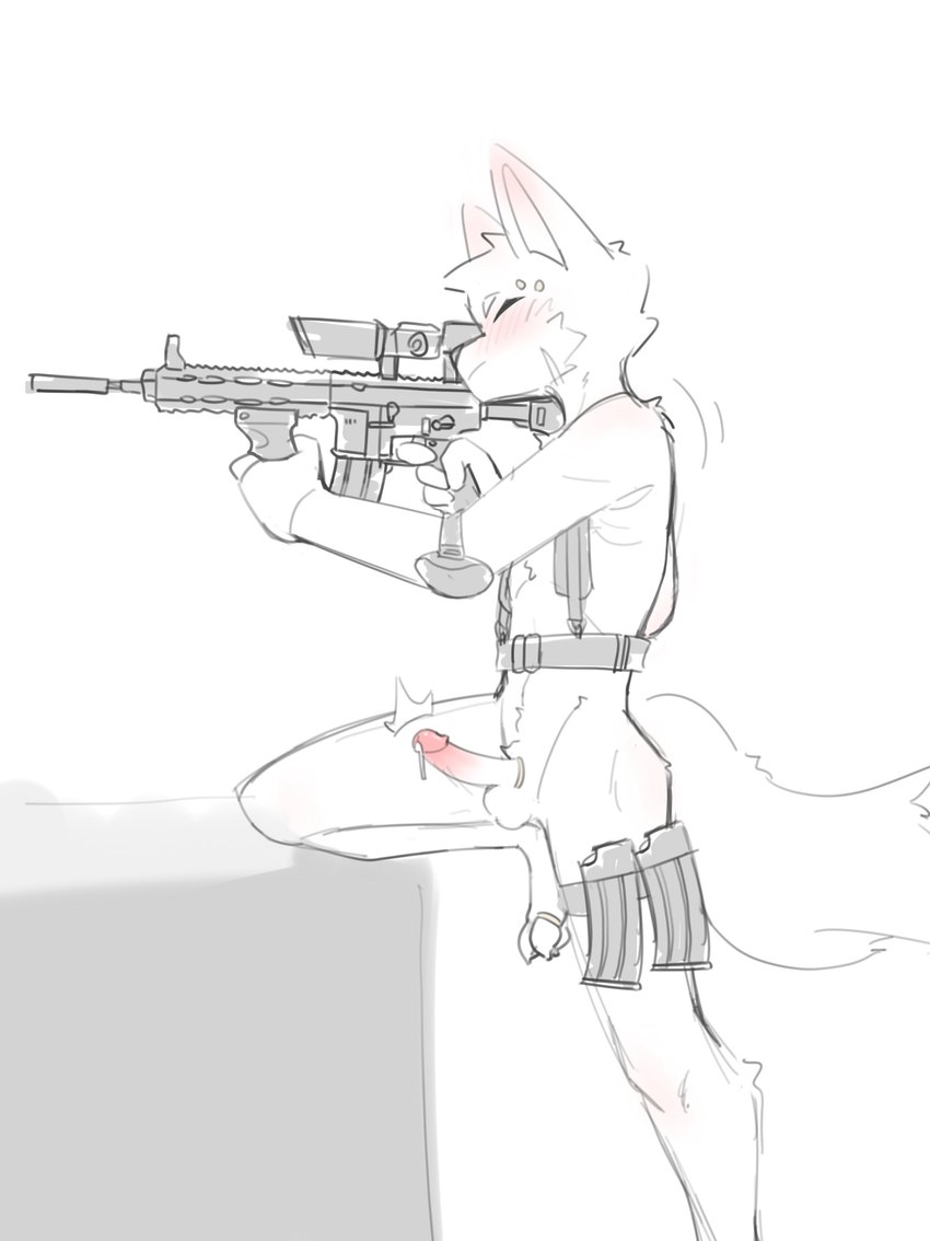 anthro ar_platform assault_rifle balls biped blush bodily_fluids casual_erection clothing erection foregrip genital_fluids genitals gloves gun handwear harness holding_gun holding_object holding_ranged_weapon holding_weapon humanoid_genitalia humanoid_penis leaking_precum magazine_(gun) male male_anthro nude nude_anthro nude_male penis precum ranged_weapon rifle scope side_view silencer simple_background solo tail weapon shirocn canid canine mammal absurd_res hi_res