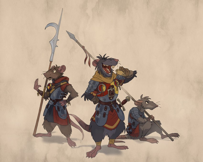 anthro armor bottomless clothed clothing fur glaive grey_body grey_fur group male melee_weapon polearm spear sword tail trio weapon sneakygnida mammal murid murine rat rodent absurd_res hi_res