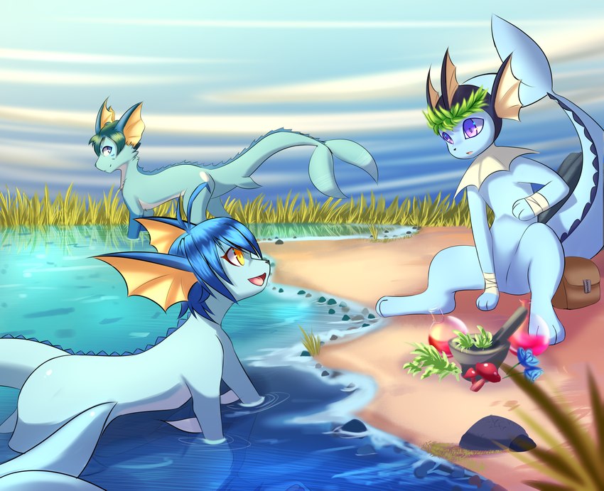 3_fingers 3_toes bag bandage black_nose blue_body blue_eyes blue_hair chatting cloud detailed_background feet female feral fin fingers grass group hair herbs male mortar_and_pestle moss paws plant purple_eyes rock sand sitting toes trio water weeds yellow_eyes xecho7x nintendo pokemon mazzie_(vaporeon) petrus_(petruslol) ruka_vaporeon eeveelution generation_1_pokemon pokemon_(species) vaporeon 2022 absurd_res hi_res