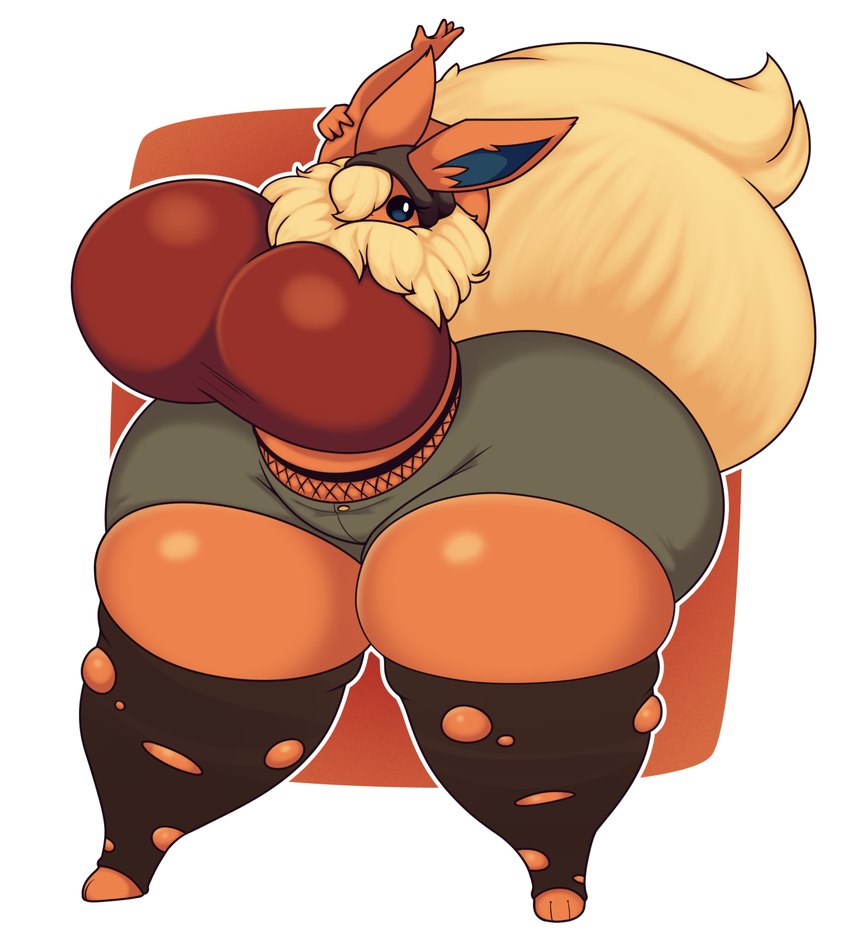 anthro big_breasts big_tail black_sclera blonde_hair bottomwear breasts clothing female fur hair hat headgear headwear huge_breasts huge_thighs hyper hyper_breasts hyper_thighs one_eye_obstructed orange_body orange_fur shirt shorts solo standing tail thick_thighs topwear wardrobe_malfunction white_eyes wide_hips dewbber nintendo pokemon ash_(void_dew) eeveelution flareon generation_1_pokemon pokemon_(species) hi_res