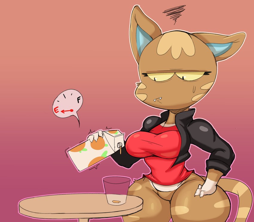 annoyed anthro beverage big_breasts big_butt big_sister_villager bottomless breasts brown_body butt clothed clothing container cup empty fangs featureless_crotch female fur furniture hand_on_hip jacket juice_(beverage) orange_juice simple_background solo table teeth thick_thighs topwear wide_hips yellow_eyes purple_yoshi_draws animal_crossing nintendo katt_(animal_crossing) domestic_cat felid feline felis mammal digital_media_(artwork) hi_res