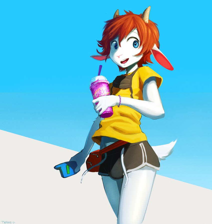 beverage blue_background blue_eyes bottomwear bracelet brown_hair bulge clothed clothing dolphin_shorts ears_down electronics face_mask fanny_pack femboy hair holding_object horn hotpants jewelry male mask open_mouth phone pivoted_ears shirt shorts simple_background slurpee solo standing t-shirt teeth tongue topwear white_background white_body yellow_clothing yellow_topwear twang milo_(twang) bovid caprine goat mammal 2021 hi_res