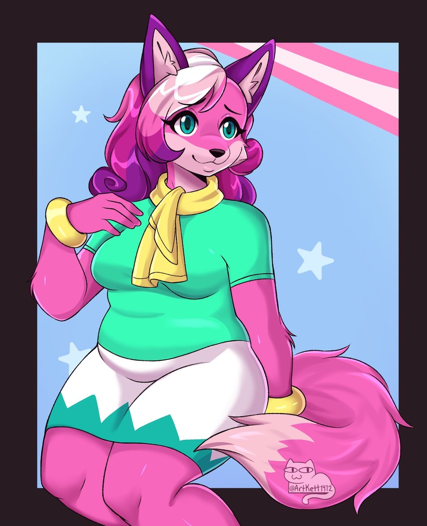 anthro black_border border female lgbt_pride pride_colors sitting smile solo star tail transgender_pride_colors artkett1412 super_lesbian_animal_rpg melody_amaranth canid canine fox mammal 2024 hi_res watermark trans_(lore) trans_woman_(lore)