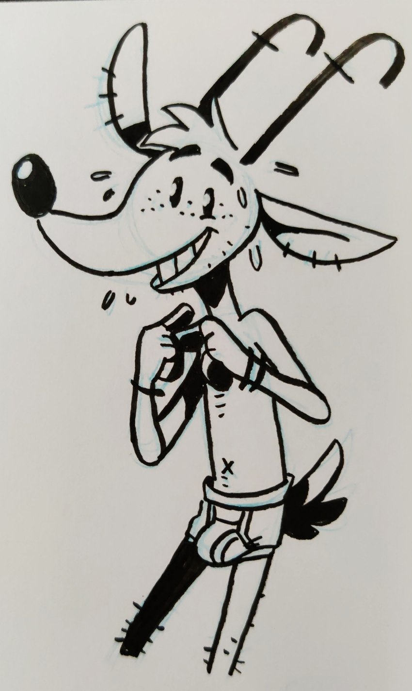 anthro antlers black_nose bodily_fluids briefs briefs_only bulge clothed clothing horn humor male navel open_mouth open_smile pun smile solo sweat teeth_showing topless underwear underwear_only goronic johnny_(goronic) deer mammal hi_res monochrome traditional_media_(artwork)