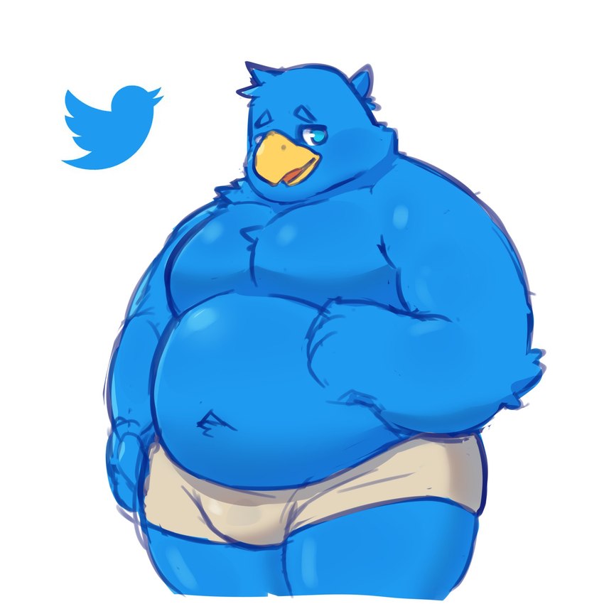 anthro beak belly blue_body blue_eyes blue_feathers boxer_briefs clothing feathers male musclegut muscular navel pecs simple_background solo underwear white_background binca_233 twitter tweetfur avian bird 1:1 hi_res meme