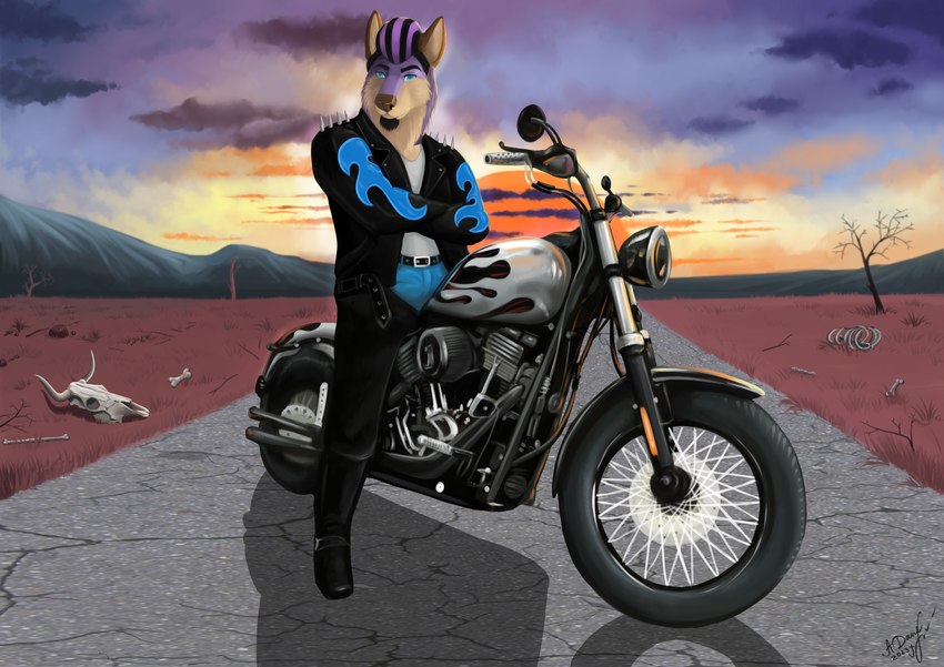 anthro belt biker bone boots bottomwear chaps clothing cloud crossed_arms denim denim_bottomwear denim_clothing desert facial_hair footwear goatee hair jacket jeans leather leather_bottomwear leather_chaps leather_clothing leather_jacket leather_topwear male motorcycle pants pink_hair shirt shoes skull t-shirt topwear vehicle alexandradane canid canine canis mammal wolf 2023 absurd_res digital_media_(artwork) hi_res