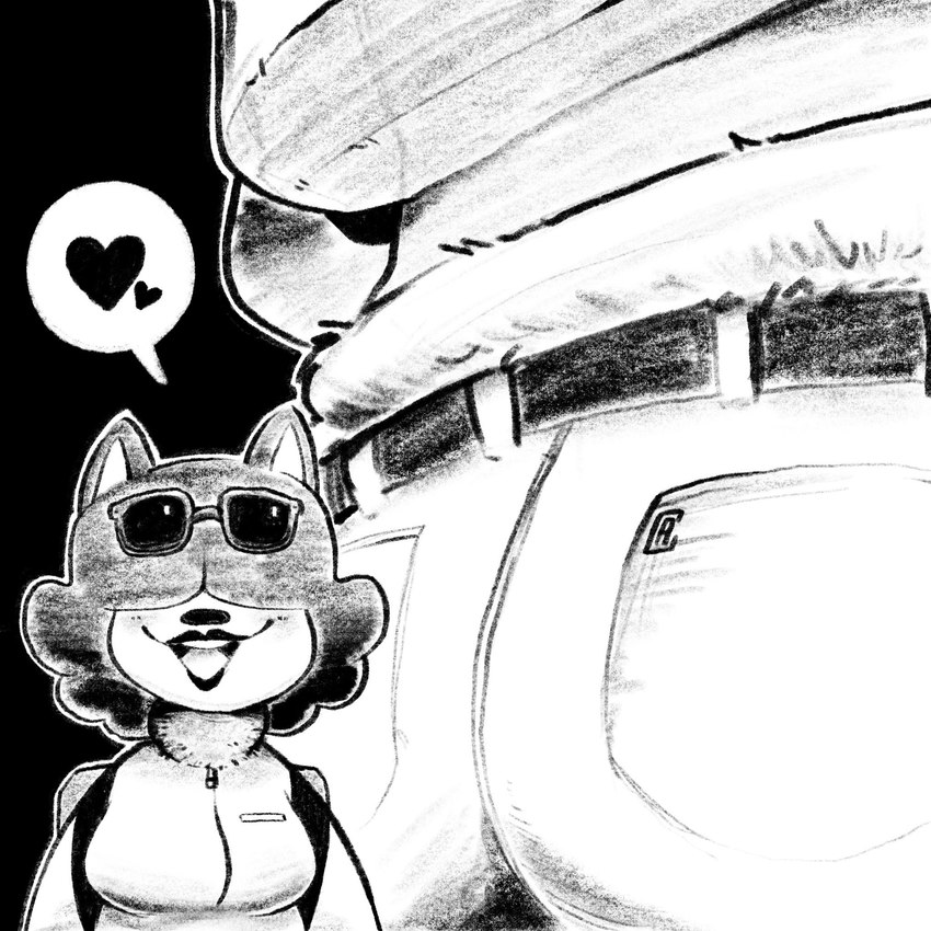 anthro backpack belt butt close-up clothing eyewear female glasses hair heart_symbol lipstick makeup short_hair simple_background solo creator_ant mary_(creator_ant) domestic_cat felid feline felis mammal 1:1 black_and_white hi_res monochrome