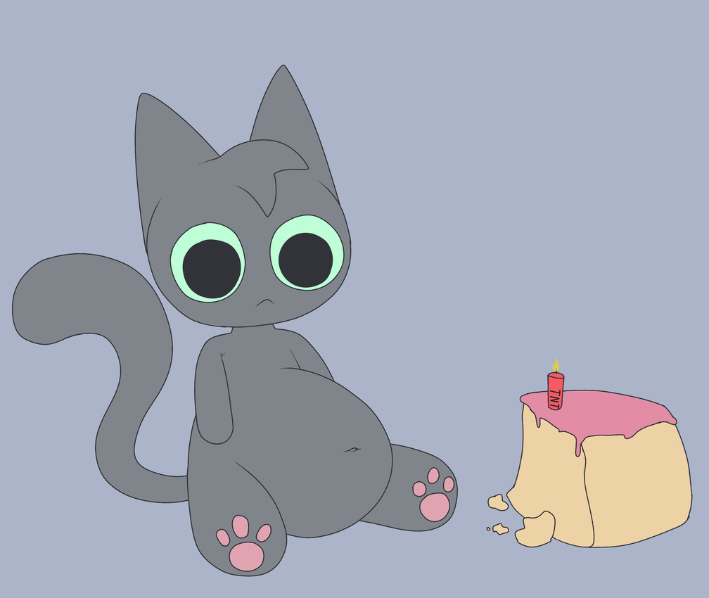 :< ambiguous_gender anthro belly big_belly birthday_cake cake candle dessert dynamite_candle food green_sclera grey_background grey_body pawpads silly simple_background sitting solo tail text gooblie_2 isaac_(gooblie_ii) domestic_cat felid feline felis mammal absurd_res hi_res