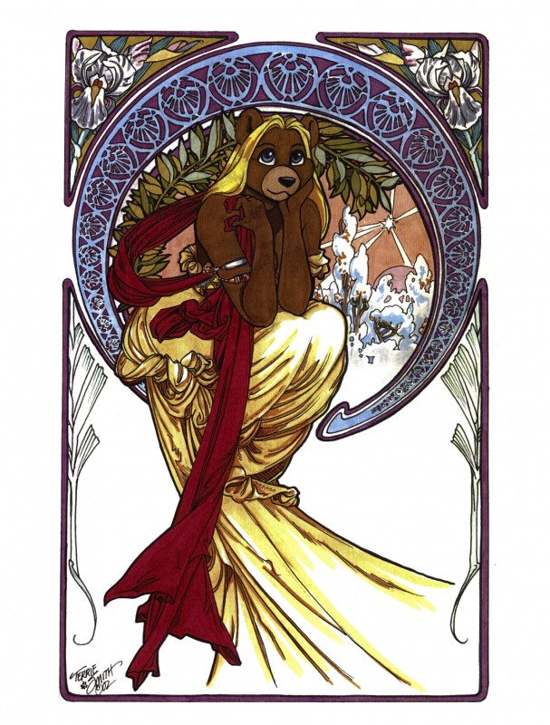 anthro art_nouveau blonde_hair blue_eyes detailed_background female flower hair looking_at_viewer mucha plant smile solo terrie_smith bear mammal 2002 absurd_res hi_res signature traditional_media_(artwork)