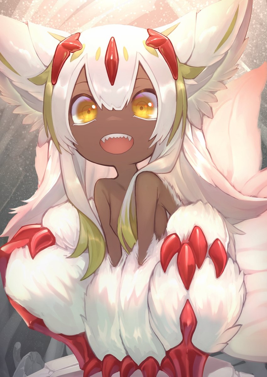 breasts claws dark_body dark_skin female fur hair looking_at_viewer multi_arm multi_limb multi_tail nipples nude open_mouth small_breasts smile solo tail white_body white_fur white_hair yellow_eyes st.takuma made_in_abyss faputa humanoid narehate hi_res