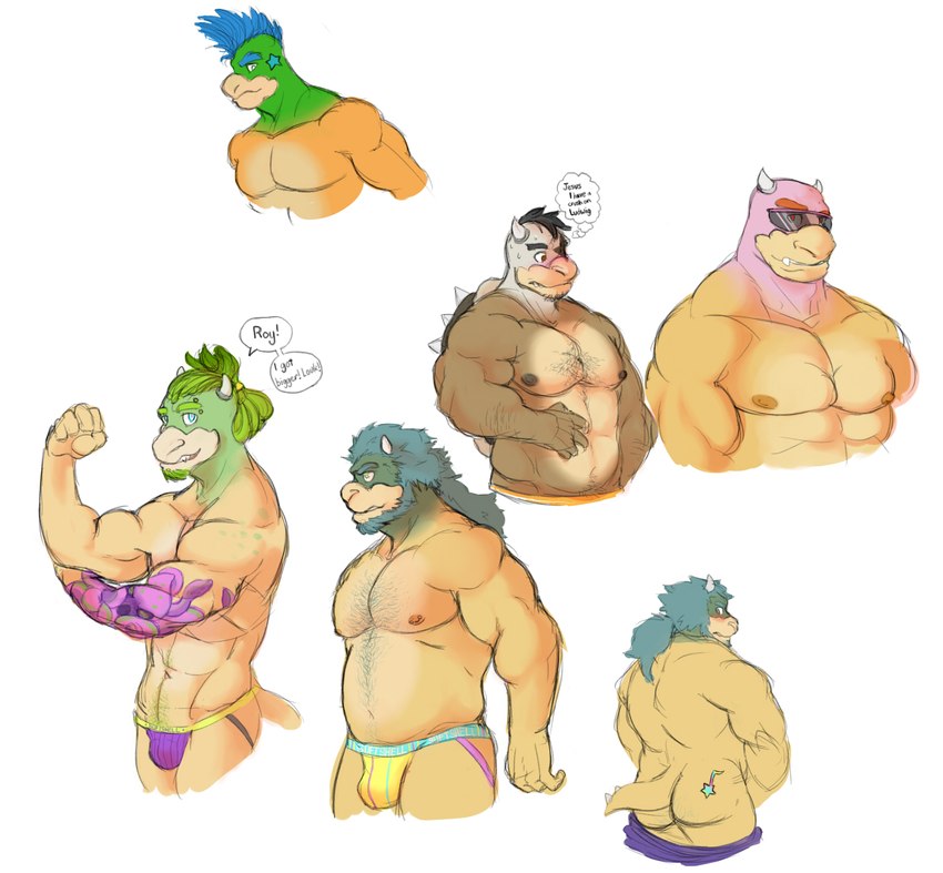 anthro bald black_hair blue_hair body_hair clothing eyebrows eyewear green_hair group hair horn jockstrap male male/male nipples pecs pose pubes simple_background size_difference sunglasses underwear wkd mario_bros nintendo iggy_koopa koopaling larry_koopa morton_koopa_jr. roy_koopa koopa scalie hi_res