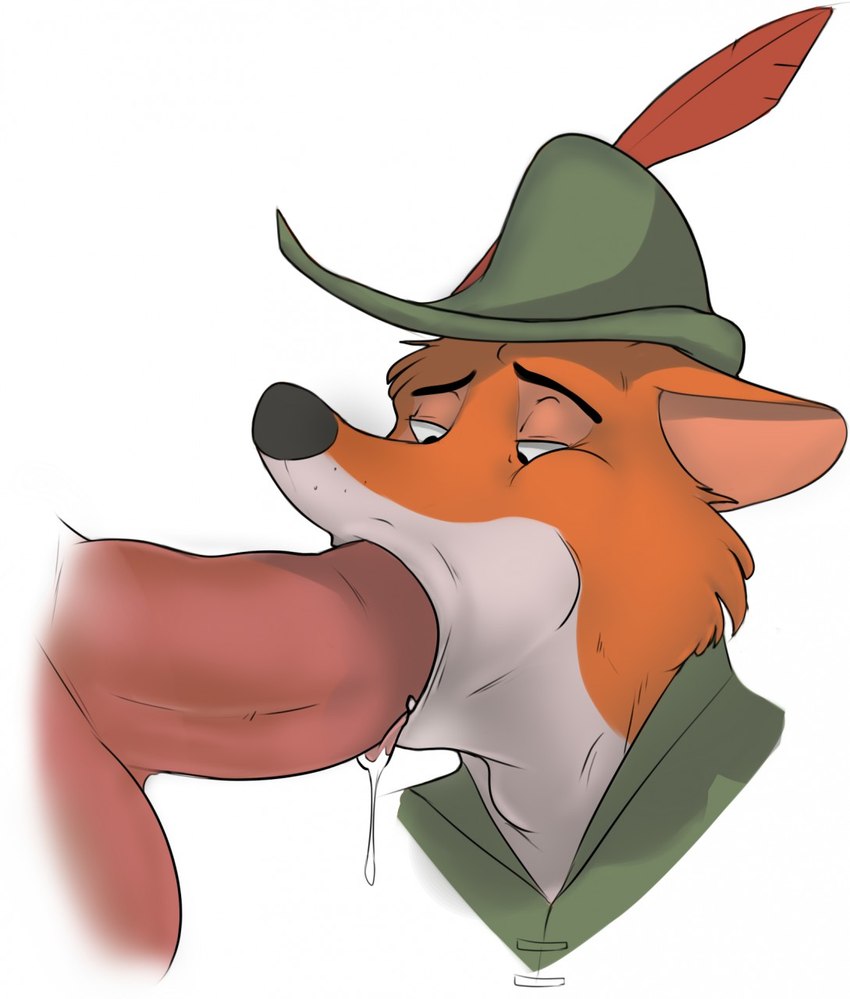 anthro balls bodily_fluids drooling duo fellatio full_mouth fur genitals looking_down male male/male open_mouth oral orange_body orange_fur penile penis saliva sex solo_focus hewge disney robin_hood_(disney) robin_hood canid canine fox mammal red_fox true_fox hi_res