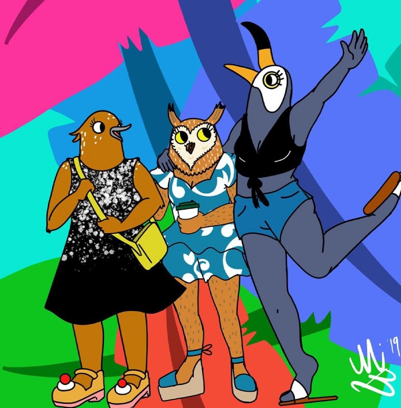 anthro bottomwear breasts cleavage clothed clothing colorful_background dress female footwear group high_heels non-mammal_breasts platform_footwear sandals shoes shorts bojack_horseman netflix tuca_and_bertie bertie_(tuca_and_bertie) tuca_(tuca_and_bertie) wanda_pierce avian bird oscine owl passerine ramphastos thrush_(bird) toco_toucan toucan colorful_theme crossover