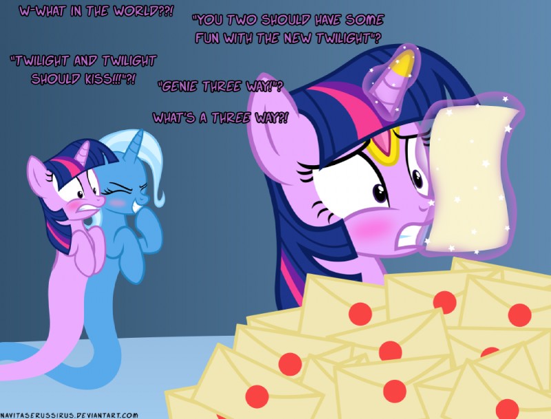 blush female feral fur group hair horn laugh magic mail mailbox multicolored_hair purple_body purple_eyes purple_fur purple_hair shocked square_crossover text two_tone_hair navitaserussirus friendship_is_magic hasbro my_little_pony mythology tumblr trixie_(mlp) twilight_sparkle_(mlp) equid equine genie mammal mythological_creature mythological_equine unicorn comic crossover digital_media_(artwork) english_text