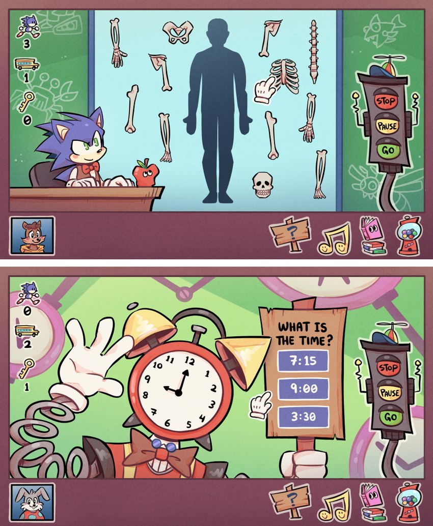 4_fingers anthro apple blue_body bone clock fingers food fruit gui male musical_note musical_symbol plant question_mark rib_cage skull symbol text traffic_light z-t00n sega sonic's_schoolhouse sonic_the_hedgehog_(series) sonic_the_hedgehog eulipotyphlan hedgehog mammal english_text hi_res