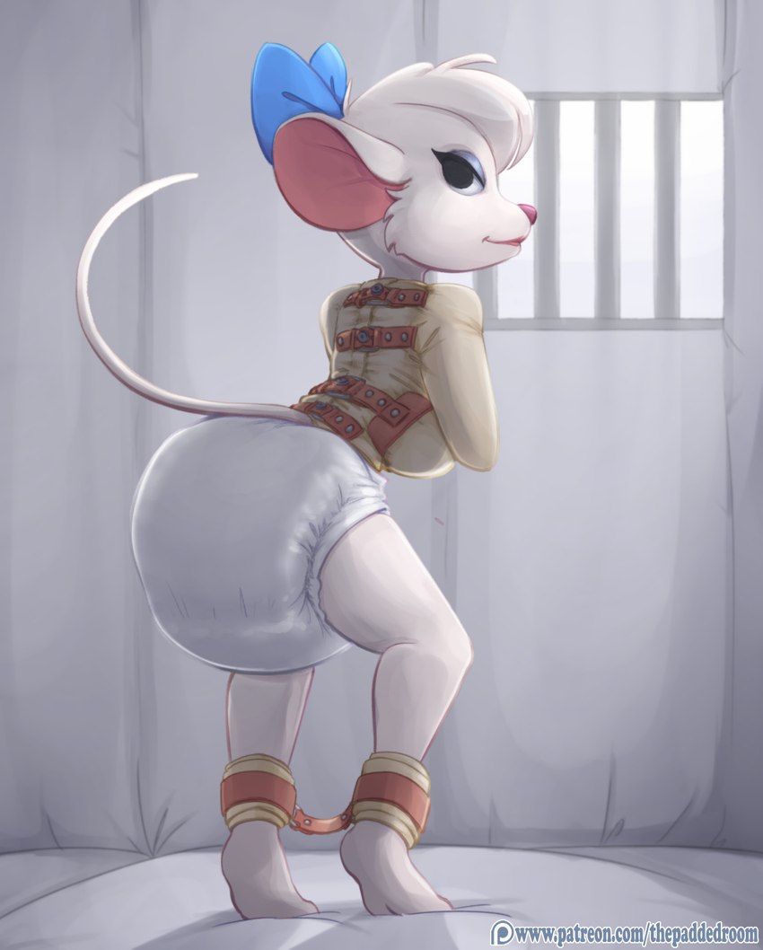 anthro bdsm bondage bound bow_(feature) clothed clothing diaper female fur hair leg_cuffs looking_at_viewer looking_back padded_room patreon_logo prison restrained restraints smile solo straitjacket text wearing_diaper white_body white_diaper white_fur white_hair carotte666 disney patreon the_great_mouse_detective miss_kitty_mouse mammal mouse murid murine rodent hi_res url watermark