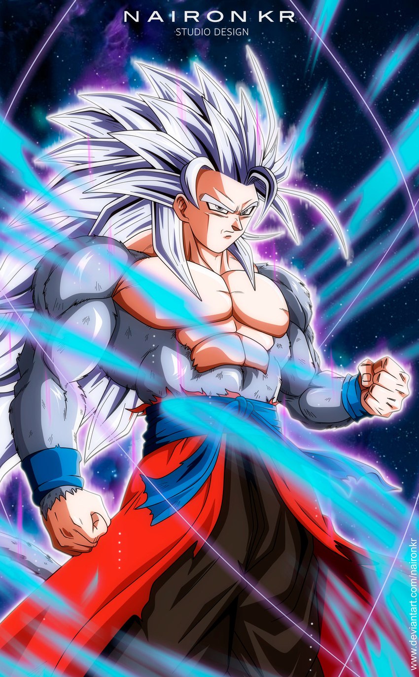 athletic athletic_humanoid athletic_male aura clothed clothing fur glistening grey_body grey_fur hair long_hair male shirtless solo super_saiyan_5 text white_hair naironkr dragon_ball dragon_ball_heroes goku animal_humanoid humanoid mammal mammal_humanoid primate primate_humanoid saiyan english_text hi_res signature