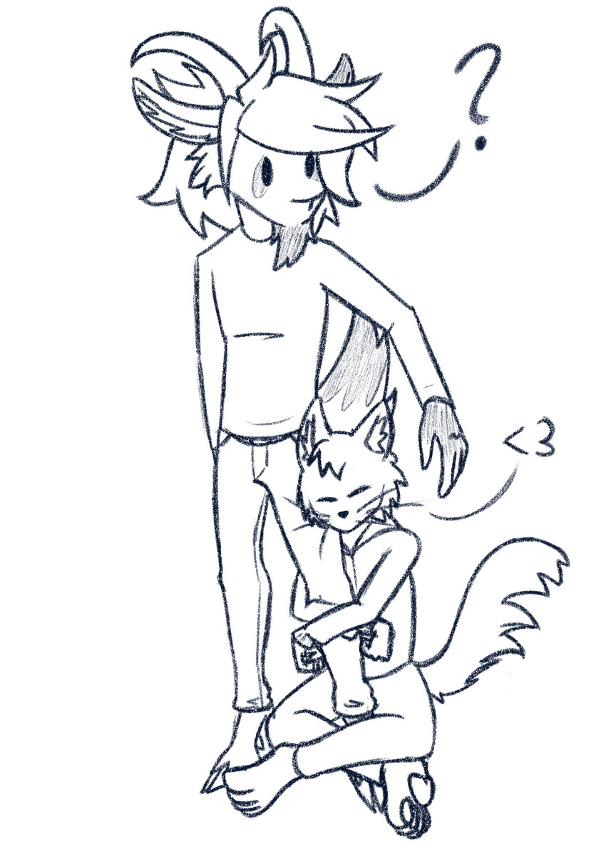 anthro dot_eyes duo heart_symbol hug hugging_leg male male/male paws question_mark 11natrium comma natrium_(character) bovid caprine domestic_cat felid feline felis goat mammal blue_and_white hi_res monochrome sketch