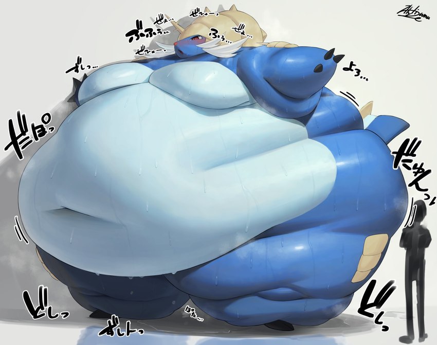 anthro arm_rolls armor back_rolls belly belly_overhang belly_rolls big_belly big_butt blue_body blush bodily_fluids breasts butt chubby_cheeks claws embarrassed fat_rolls featureless_breasts female fin glistening headgear helmet horn huge_belly huge_butt huge_thighs hyper hyper_belly hyper_butt hyper_thighs leg_rolls looking_forward love_handles morbidly_obese morbidly_obese_female narrowed_eyes navel nude obese obese_female open_mouth outstretched_arm overweight overweight_female red_eyes silhouette simple_background standing sweat tail tail_fin text thick_arms thick_thighs wet whiskers bellylliumu oruka0827 nintendo pokemon generation_5_pokemon pokemon_(species) samurott 2023 digital_drawing_(artwork) digital_media_(artwork) full-length_portrait hi_res japanese_text portrait