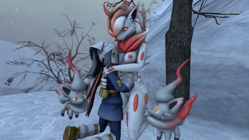 anthro asian_clothing bag breasts clothing east_asian_clothing female female/female group hug japanese_clothing kimono legwear looking_at_another plant scarf snow tree veil the_unknown_mangaka furromantic_(modeler) nintendo pokemon pokemon_legends_arceus akari_(pokemon) alpha_pokemon generation_8_pokemon hisuian_form hisuian_zoroark hisuian_zorua human mammal pokemon_(species) regional_form_(pokemon) 16:9 3d_(artwork) absurd_res digital_media_(artwork) hi_res source_filmmaker_(artwork) story story_in_description widescreen adopted_(lore) mother_(lore) mother_and_child_(lore) parent_(lore) parent_and_child_(lore)