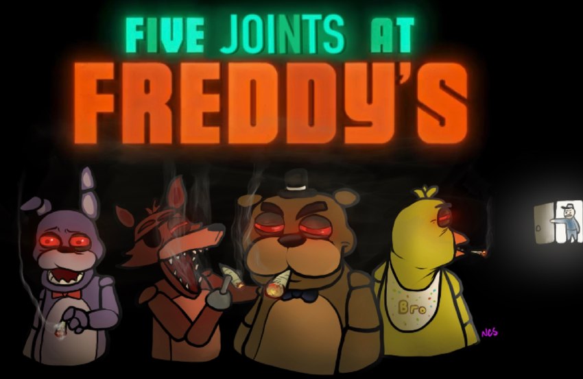 anthro bib clothing drugs eyebrows female group hat headgear headwear machine male marijuana smoking stoned substance_intoxication teeth text top_hat ncs five_nights_at_freddy's five_nights_at_freddy's_(film) scottgames bonnie_(fnaf) chica_(fnaf) foxy_(fnaf) freddy_(fnaf) animatronic avian bear bird canid canine chicken fox galliform gallus_(genus) human lagomorph leporid mammal phasianid rabbit robot 2023 english_text hi_res