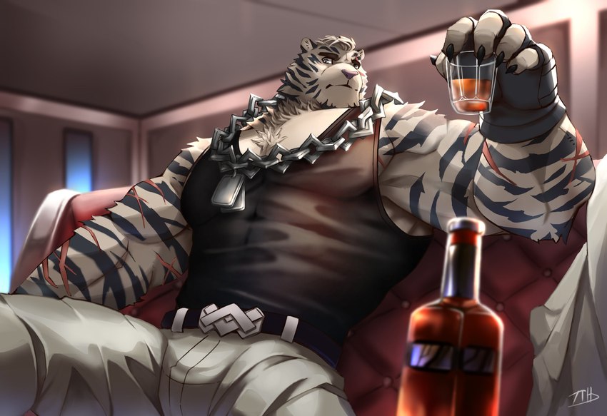 alcohol anthro beverage bulge clothing drinking_alcohol jewelry male muscular muscular_male necklace scar shirt solo stripes tank_top topwear 7theaven arknights hypergryph studio_montagne mountain_(arknights) felid mammal pantherine tiger absurd_res hi_res