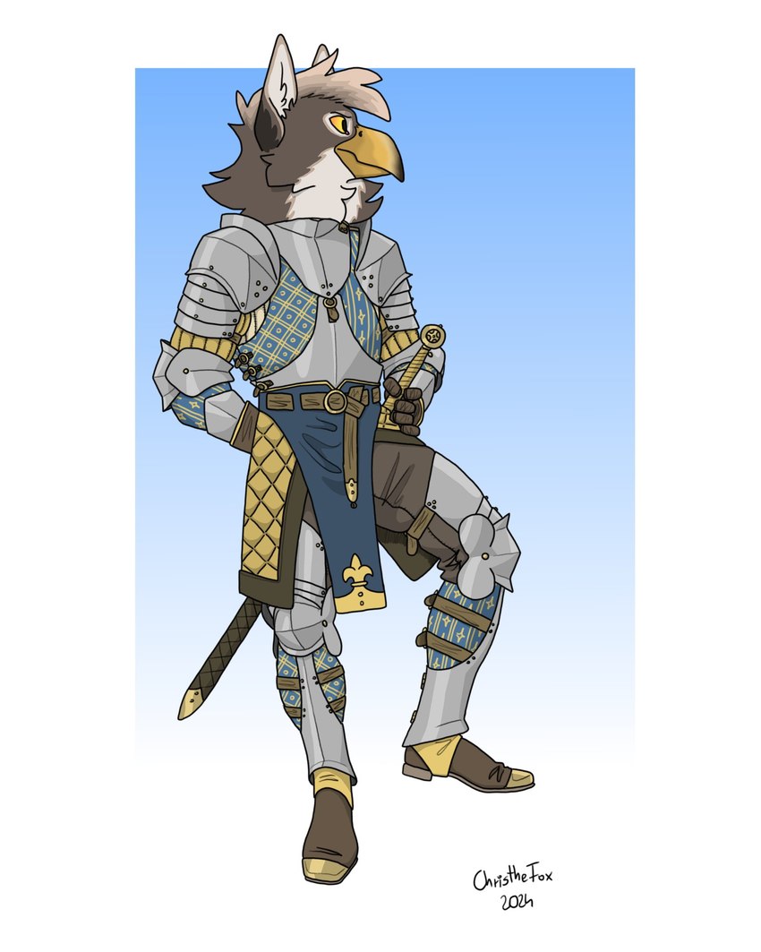 anthro armor beak belt belt_buckle boots border bottomwear brown_body brown_feathers buckle clothing couter cuisse ears_up feathers footwear gambeson gauntlets gloves gorget gradient_background grey_body grey_feathers handwear holding_melee_weapon holding_object holding_sword holding_weapon inner_ear_fluff looking_aside male medieval_armor melee_weapon pants pauldron plackart plate_armor poleyn scabbard schynbalds shoes simple_background solo straps sword tuft vambrace weapon white_body white_border white_feathers yellow_beak yellow_eyes bartek22 mythology avian gryphon mythological_avian mythological_creature 2024 dated digital_media_(artwork) hi_res signature