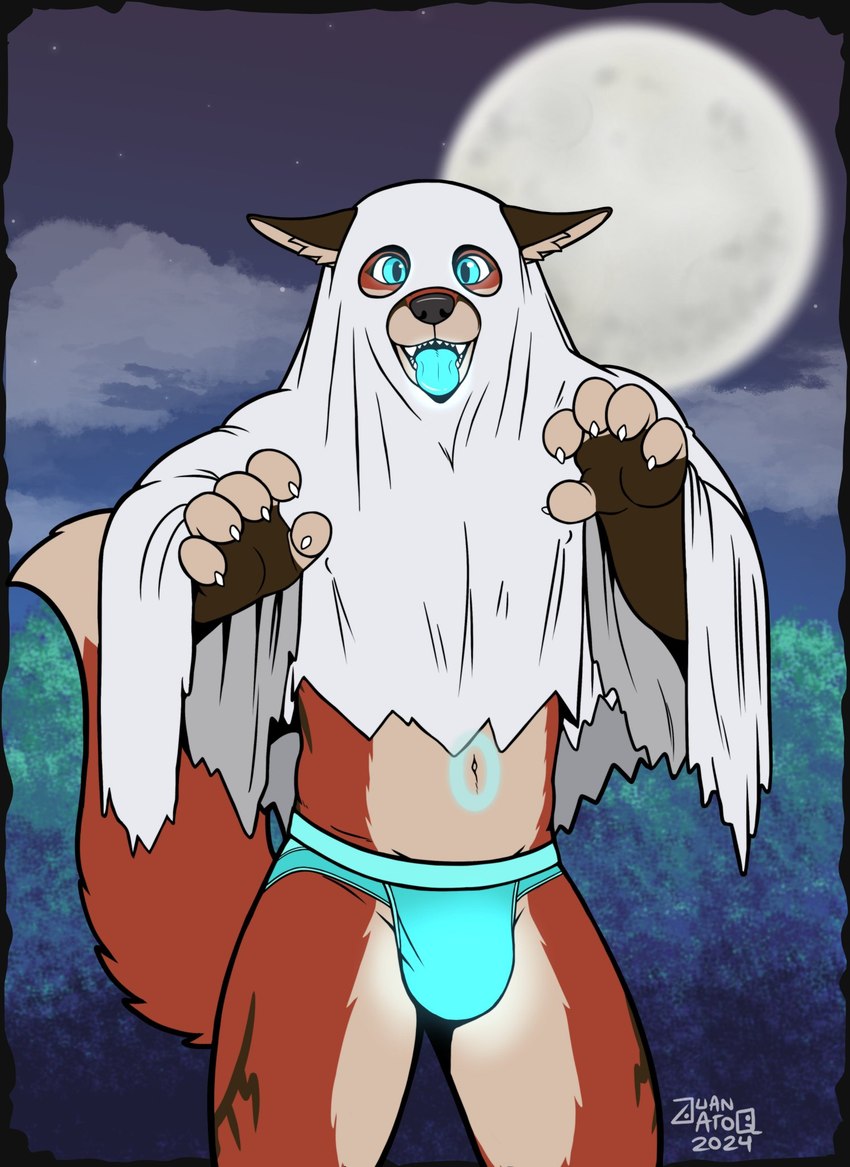 anthro biped blue_eyes blue_tongue briefs bulge clothed clothing costume dipstick_ears ear_markings eyeshadow fingerless_(marking) fingerless_gloves_(marking) fur fur_markings ghost_costume gloves_(marking) glowing glowing_bulge glowing_eyes glowing_tongue halloween_costume holidays jockstrap looking_at_viewer makeup male male_anthro markings multicolored_ears muscular open_mouth solo tail teeth tongue topless underwear juanatoq halloween archy_fox canid canine fox mammal red_fox true_fox hi_res