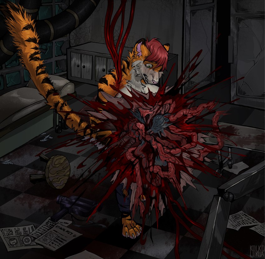 abandoned anthro belly_pop blood bodily_fluids bottomwear bursting clothing denim denim_bottomwear denim_clothing expansion gore guts hospital inflation internal_organs jeans male organs pain pants popping scared solo tears tendrils wounded kolkolukija felid feline mammal pantherine tiger absurd_res hi_res