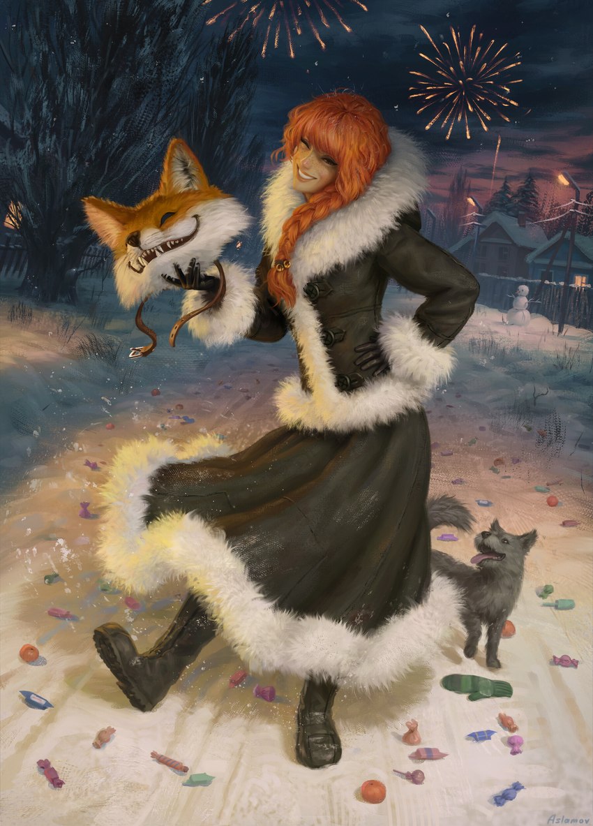 anthro boots building candy clothing cloud coat dessert detailed_background duo female fence feral fireworks food footwear freckles fur gloves handwear house human_focus mask multicolored_body multicolored_fur night open_mouth plant shoes smile snow standing topwear tree winter winter_coat andy_aslamov tiny_bunny alice_the_vixen canid canine fox human mammal 2021 absurd_res digital_media_(artwork) hi_res