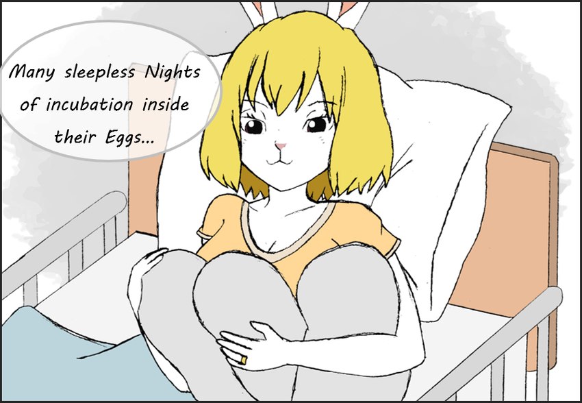 anthro baby bed clothing digit_ring female furniture group holding_baby jewelry ring simple_background smile solo speech_bubble text wedding_ring young don'tcare4u nine_months_in_my_womb_making_me_suffer one_piece carrot_(one_piece) lagomorph leporid mammal minkmen_(one_piece) rabbit english_text meme sibling_(lore) triplets_(lore)