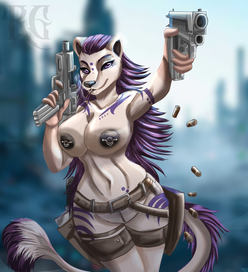 anthro big_breasts breasts casual_nudity female fur genitals gun hair handgun holding_object holding_weapon nipple_piercing nipples nude piercing pussy ranged_weapon simple_background smile smoking solo weapon soranihanabi ratha_grim felid lion mammal pantherine digital_media_(artwork) hi_res