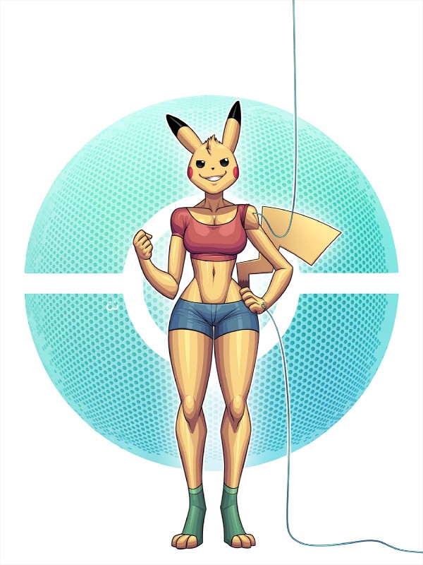 anthro anthrofied blue_bottomwear blue_clothing blue_shorts bottomwear breasts clothing crop_top female hotpants injection pokeball pokemorph red_clothing red_shirt red_topwear shirt shorts simple_background solo topwear wolfiecanem xylem nintendo pokemon generation_1_pokemon pikachu pokemon_(species) 3:4 hi_res