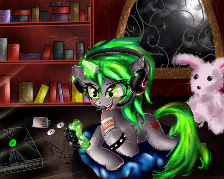 beverage controller cutie_mark electronics female feral fur game_controller gaming green_eyes green_hair grey_body grey_fur hair headgear headphones headset horn magic magic_user soda solo xbox_controller katakiuchi4u friendship_is_magic hasbro microsoft my_little_pony mythology xbox xbox_game_studios jade_meadow_(plaguedwolf) equid equine mammal mythological_creature mythological_equine unicorn 5:4