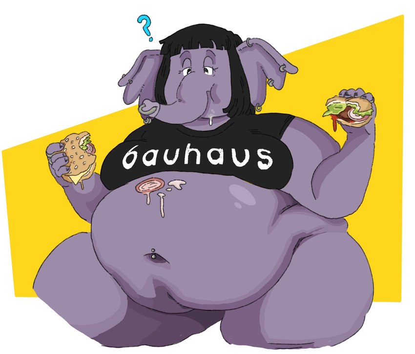 alternative_fashion anthro band_shirt bangs belly big_belly big_breasts black_hair bottomless breasts burger clothed clothing ear_piercing ear_ring facial_piercing female food food_on_belly goth hair navel navel_piercing navel_ring nose_piercing nose_ring obese obese_female overweight overweight_female piercing question_mark ring_piercing septum_piercing septum_ring solo trunk_piercing glubbub bauhaus elise_(glubbub) elephant elephantid mammal proboscidean hi_res