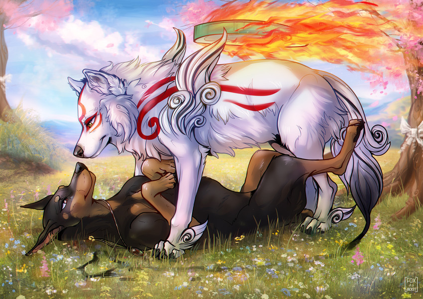 black_body black_fur duo female feral field fire fur grass jewelry lying markings necklace on_back outside plant tree white_body white_fur foxinajacket capcom clover_studio okami_(capcom) amaterasu_(okami) felony_(deeri) canid canine canis deity dobermann domestic_dog mammal pinscher wolf 2018 hi_res