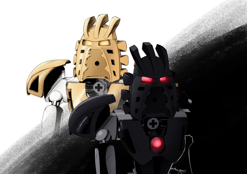 alternate_color armor black_body duo gold_body lego_brick machine mask mouthless multicolored_body not_furry red_eyes silver_body simple_background standing two_tone_body white_body yellow_eyes burns5 bionicle lego takanuva living_machine robot toa 2021 digital_drawing_(artwork) digital_media_(artwork) hi_res