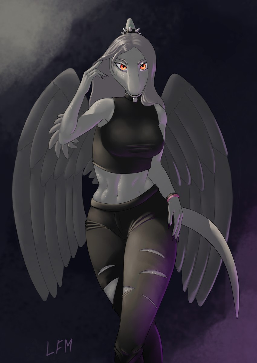 anthro athletic athletic_anthro bedroom_eyes black_clothing black_nails breasts choker clothing colored_nails crop_top curvy_figure feathered_wings feathers female fingernails grey_body grey_hair grey_scales hair jewelry medium_breasts midriff nails narrowed_eyes necklace non-mammal_breasts orange_eyes scales seductive shirt slim solo tail thick_thighs topwear torn_clothing wide_hips wings wristband s-7 cavemanon_studios goodbye_volcano_high snoot_game fang_(gvh) dinosaur feathered_dinosaur feathered_scalie prehistoric_species pterodactylus pterosaur reptile scalie 2020 digital_media_(artwork) hi_res nonbinary_(lore)