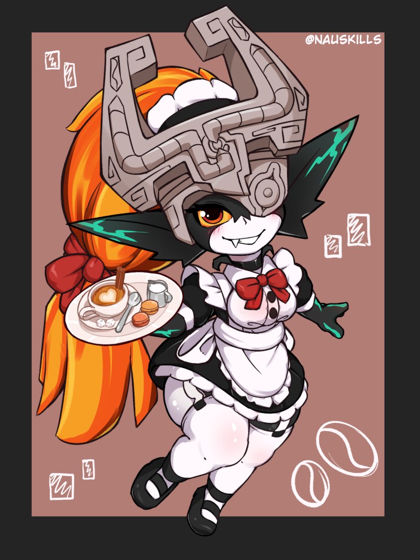 accessory apron armor beverage blush bow_ribbon choker clothing coffee cookie dark_body dark_skin fangs female floating food footwear fused_shadow garter_straps hair hair_accessory hair_ribbon headgear headwear helmet jewelry legwear looking_at_viewer macaron_(food) maid_uniform markings necklace orange_eyes orange_hair plate ribbons shoes short_stack simple_background solo teeth thick_thighs thigh_highs uniform nauskills nintendo the_legend_of_zelda twilight_princess midna humanoid imp 3:4 hi_res