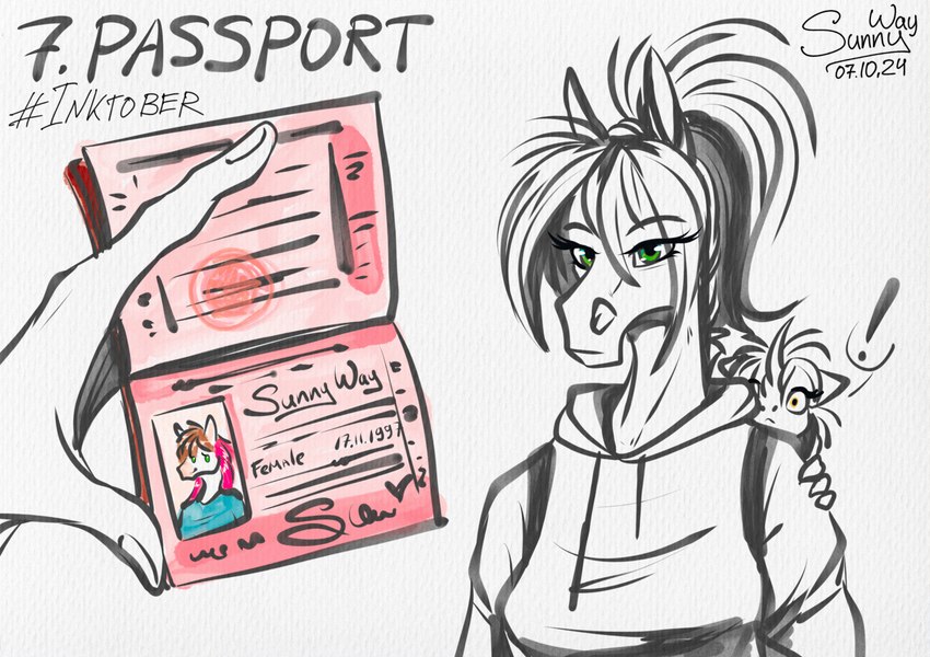 anthro backpack duo female passport sunny_way inktober alirfesta_felastis sunny_way_(character) equid equine horse ki'rinaes mammal 2024 dated digital_media_(artwork) hi_res sketch