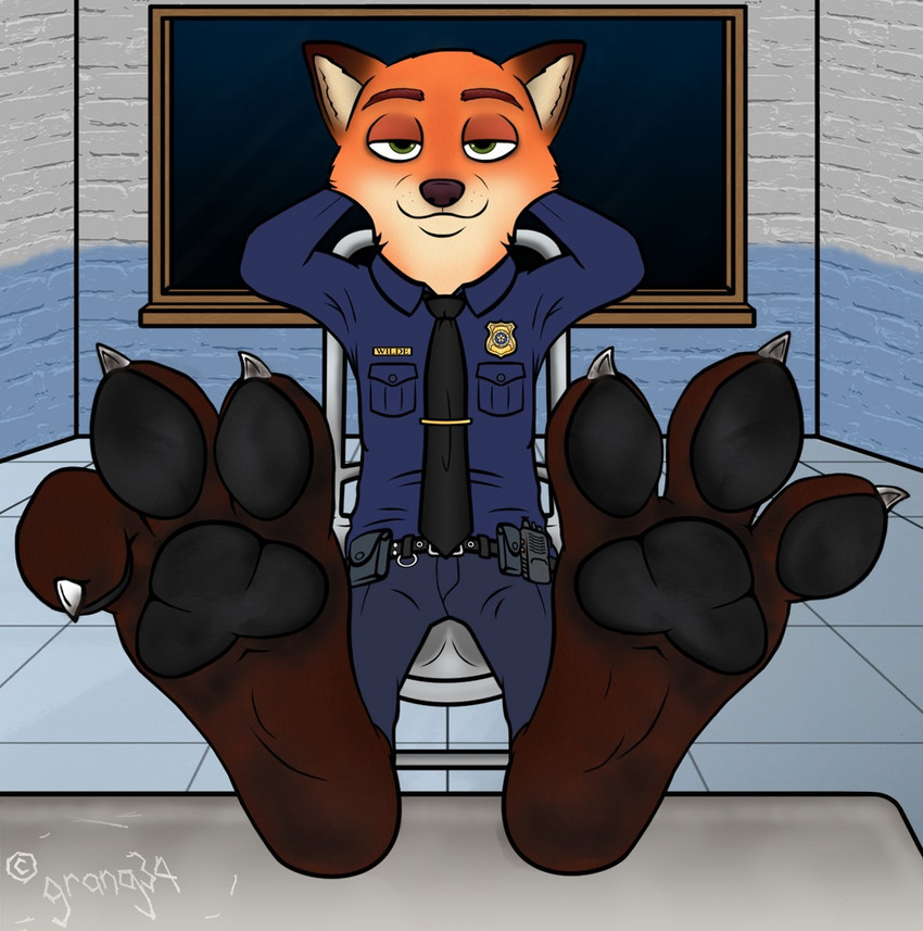 3_toes 4_fingers anthro badge barefoot bottomwear chair claws clothed clothing curling_toes dirty dirty_feet feet feet_up fingers foot_focus foot_on_table fully_clothed furniture hands_behind_head looking_at_viewer male necktie pants pawpads paws police police_uniform shirt sitting smile soles solo spread_toes supported_legs table toe_claws toes topwear uniform grang34 disney zootopia nick_wilde canid canine fox mammal red_fox true_fox hi_res signature