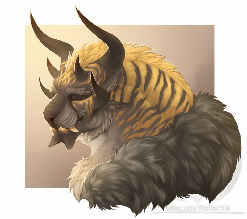 anthro eyes_closed fangs fur grey_body grey_fur horn male mane multi_ear nude sharp_teeth smile solo striped_body striped_fur stripes teeth blackchaos666 guild_wars charr felid mammal bust_portrait portrait