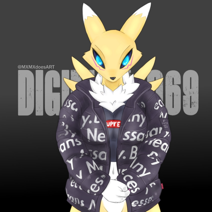 blue_eyes breasts clothing female humor jacket neck_tuft shirt simple_background solo text text_on_clothing text_on_jacket text_on_shirt text_on_topwear topwear tuft mxmx bandai_namco digimon drip_(meme) goku_drip meme_clothing supreme the_north_face canid digimon_(species) mammal renamon 1:1 absurd_res digital_media_(artwork) english_text hi_res meme